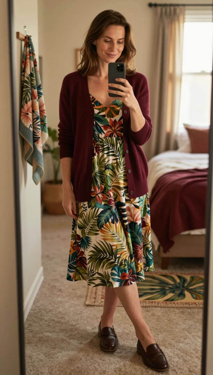 Burgundy Knit Cardigan + Tropical Floral Midi Dress + Brown Leather Loafers