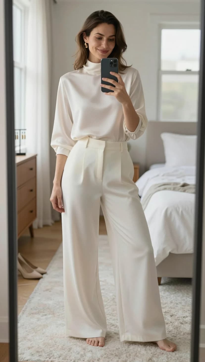 Ivory Silk Mock Neck Top + Ivory Wide-Leg Trousers