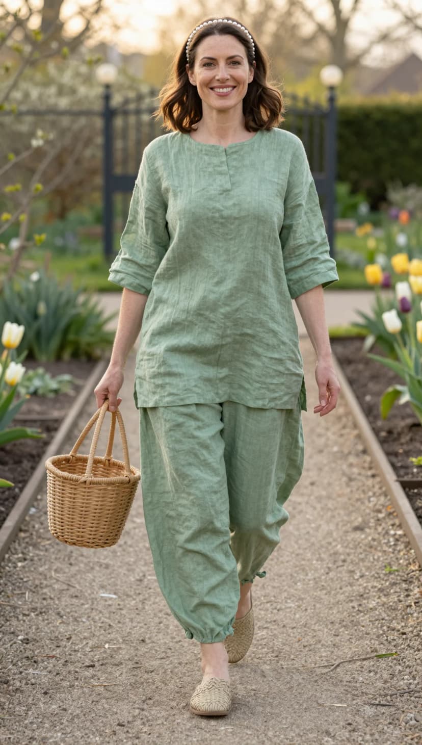 Sage Linen Tunic + Sage Linen Harem Pants + Woven Tan Mules + Woven Basket