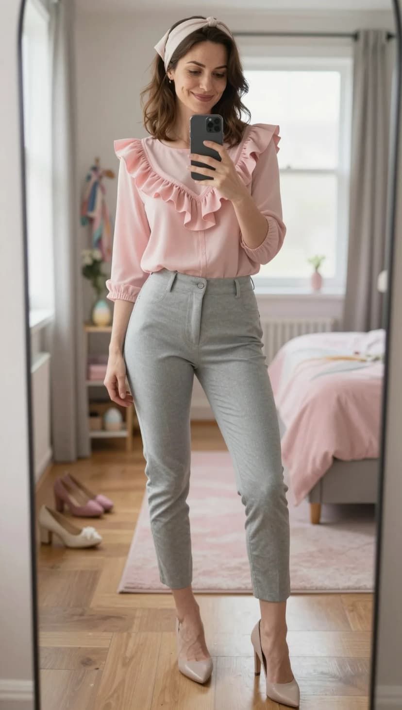Pink Ruffle Chiffon Blouse + Grey Pinstripe Ankle Pants + Nude Patent Heels