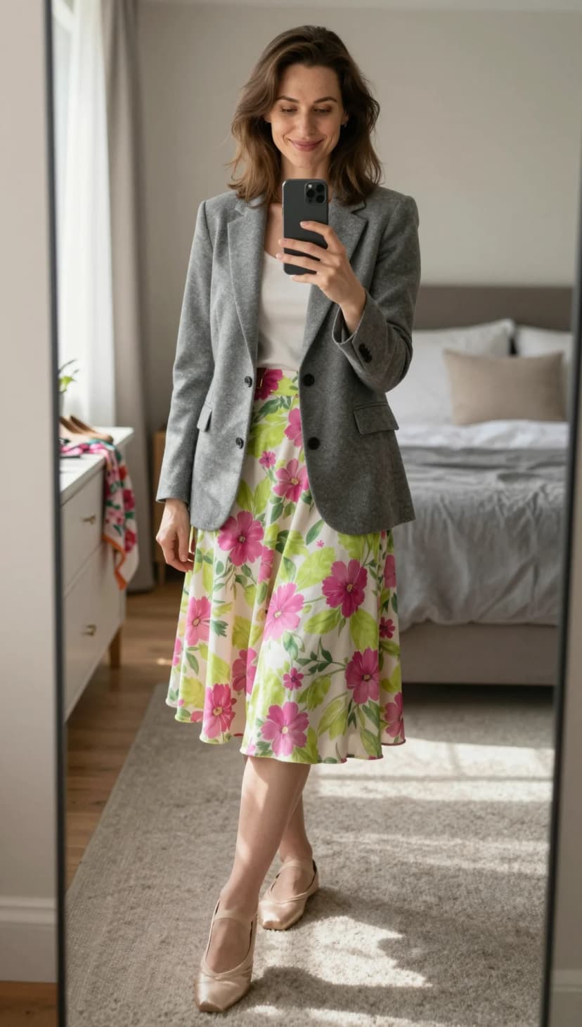 Grey Tweed Blazer + Floral Print Midi Skirt + Nude Ballet Flats
