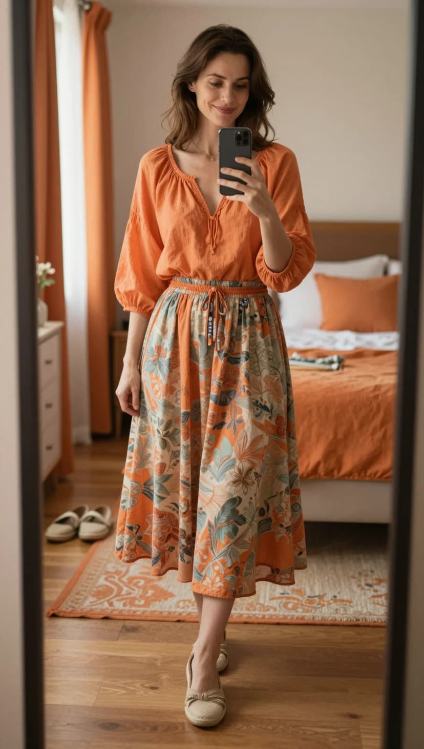 Orange Linen Blouse + Floral Print Midi Skirt + Espadrille Wedges