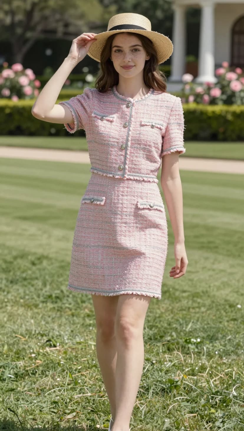 Pink Tweed Cropped Jacket + Pink Tweed Mini Skirt + Straw Boater Hat