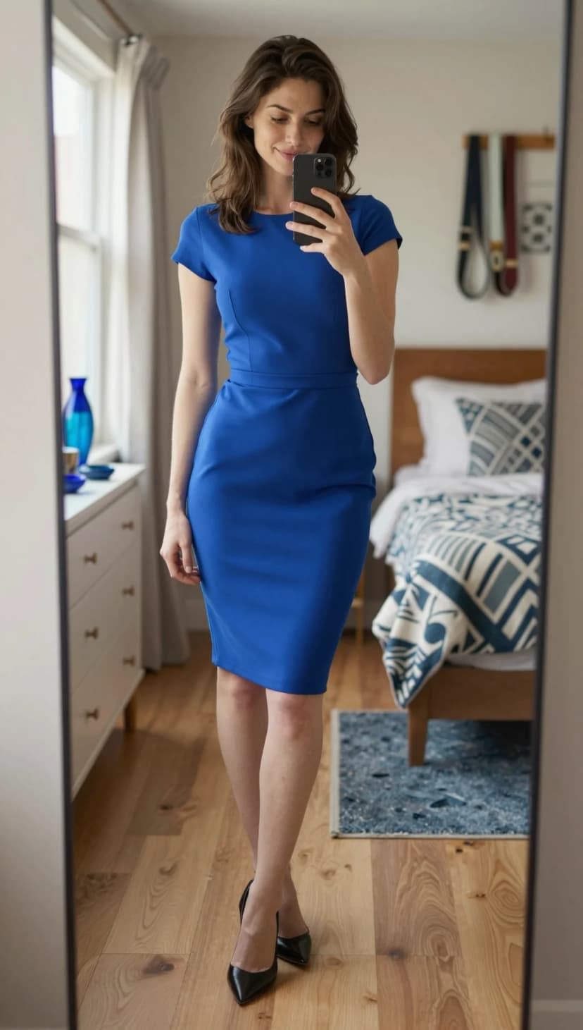 Royal Blue Sheath Dress + Black Pointed Toe Heels
