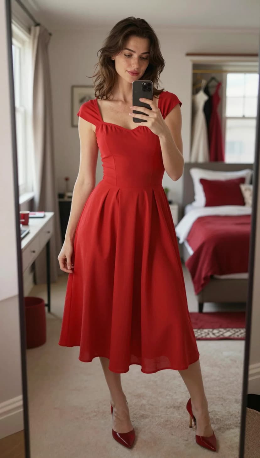 Red Fit and Flare Midi Dress + Red Patent Pointed-Toe Heels