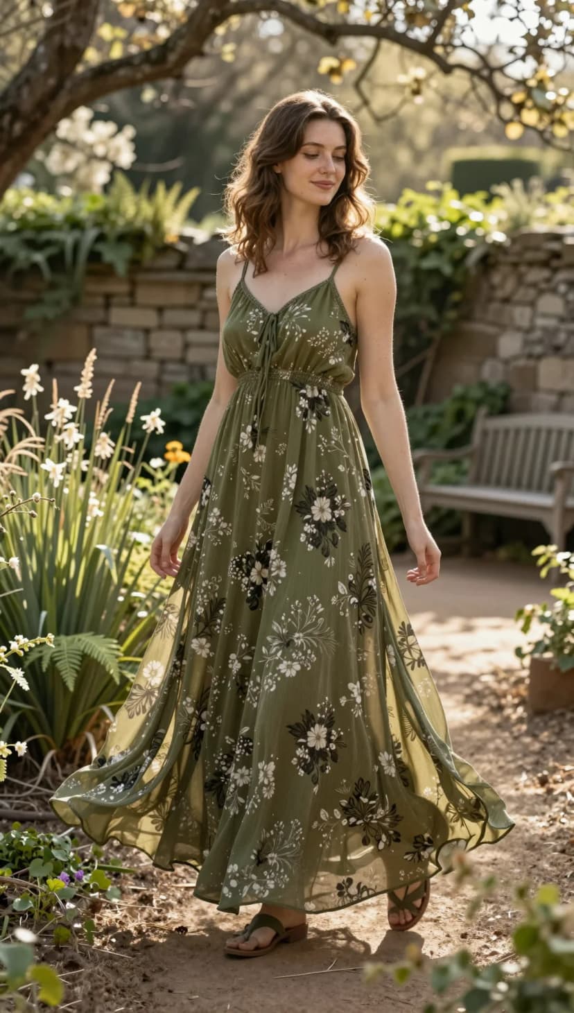 Olive Floral Print Maxi Dress + Olive Thong Sandals