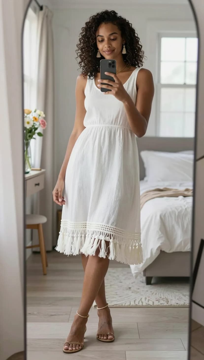 White Cotton Fringed Midi Dress + Gold Strappy Heels + Gold Ankle Bracelets