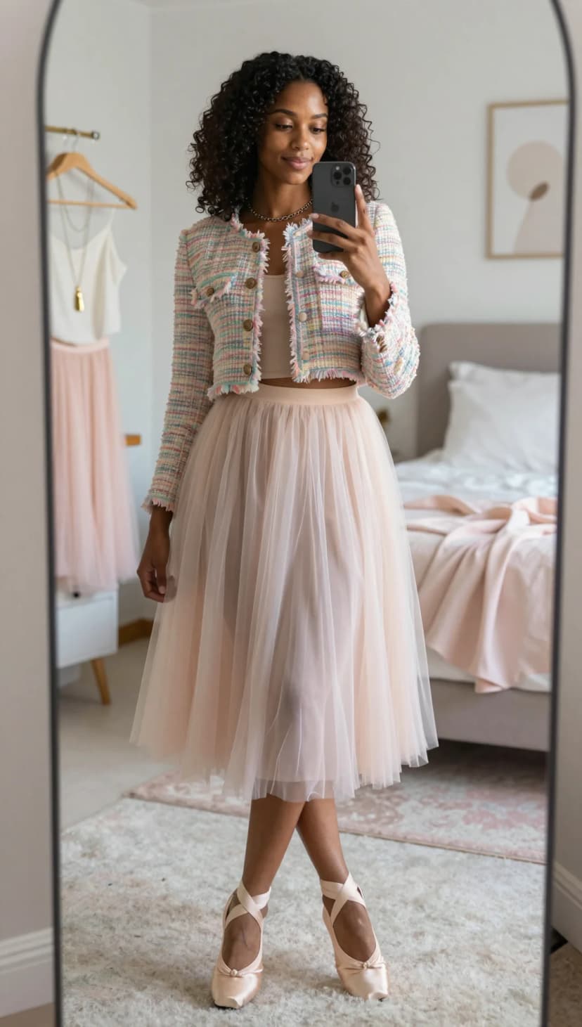 Multi-Color Tweed Cropped Jacket + Peach Tulle Midi Skirt + Peach Satin Ballet Flats