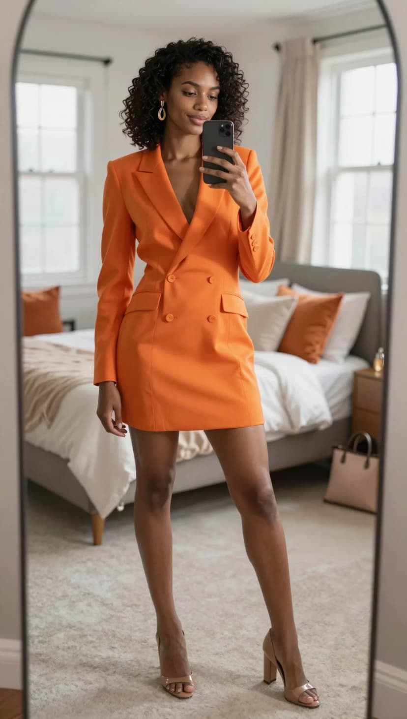 Orange Double-Breasted Blazer Dress + Nude Patent Heels + Gold Hoop Earrings