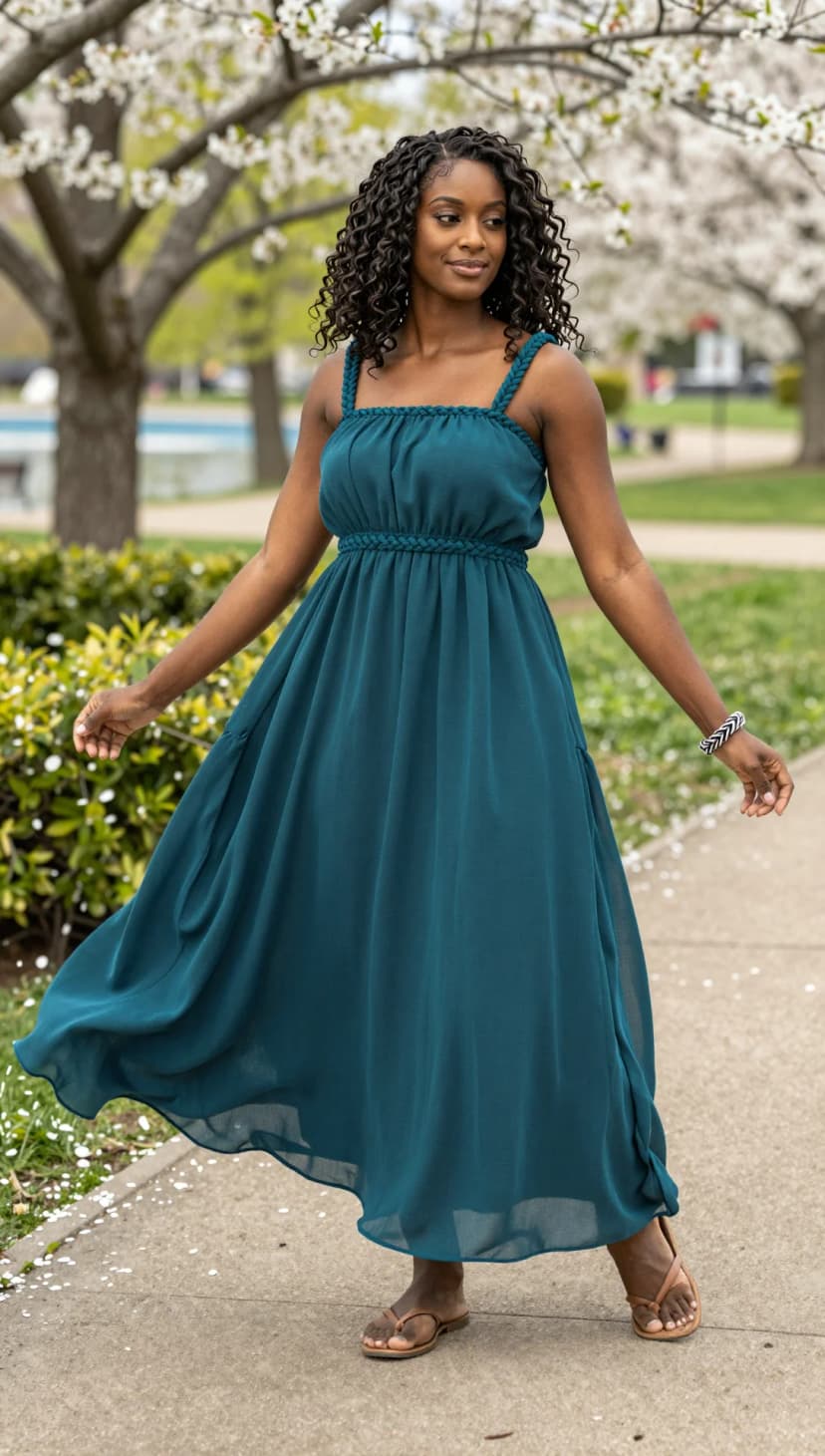 Teal Chiffon Maxi Dress + Tan Leather Flat Sandals + Black and White Woven Bracelet