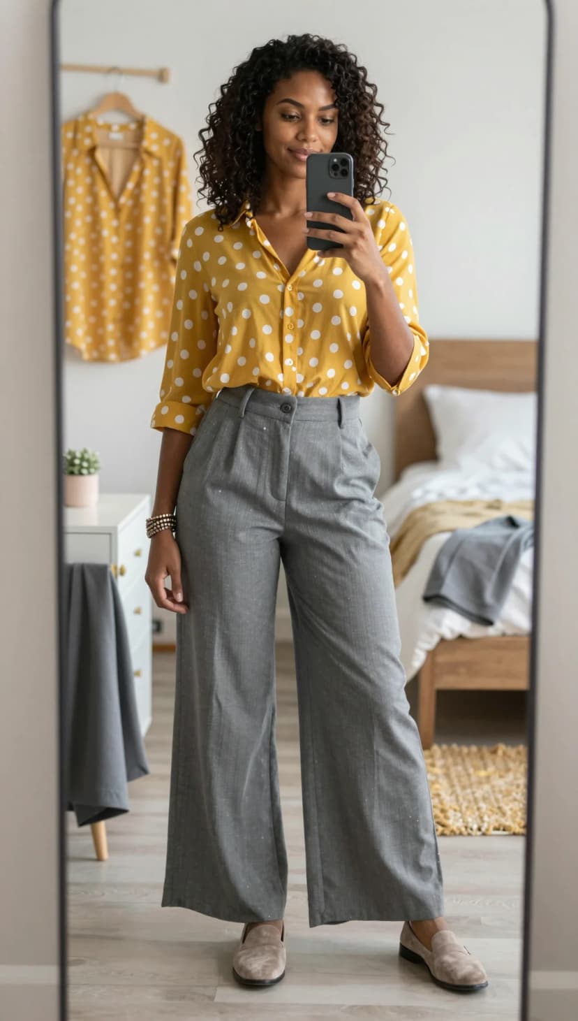 Yellow Polka Dot Silk Shirt + Grey Pinstripe Wide-Leg Trousers + Taupe Suede Loafers