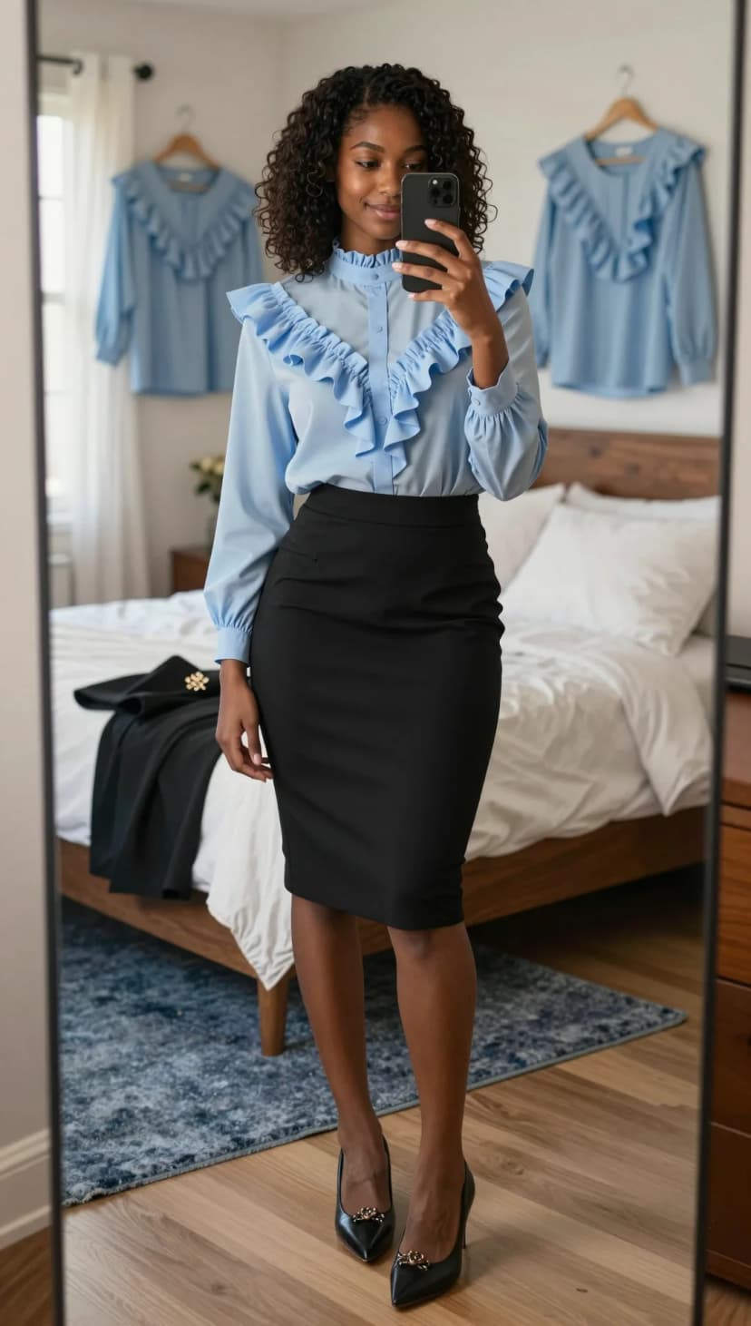 Light Blue Ruffled Chiffon Blouse + Black High-Waisted Pencil Skirt + Black Embellished Pointed-Toe Heels