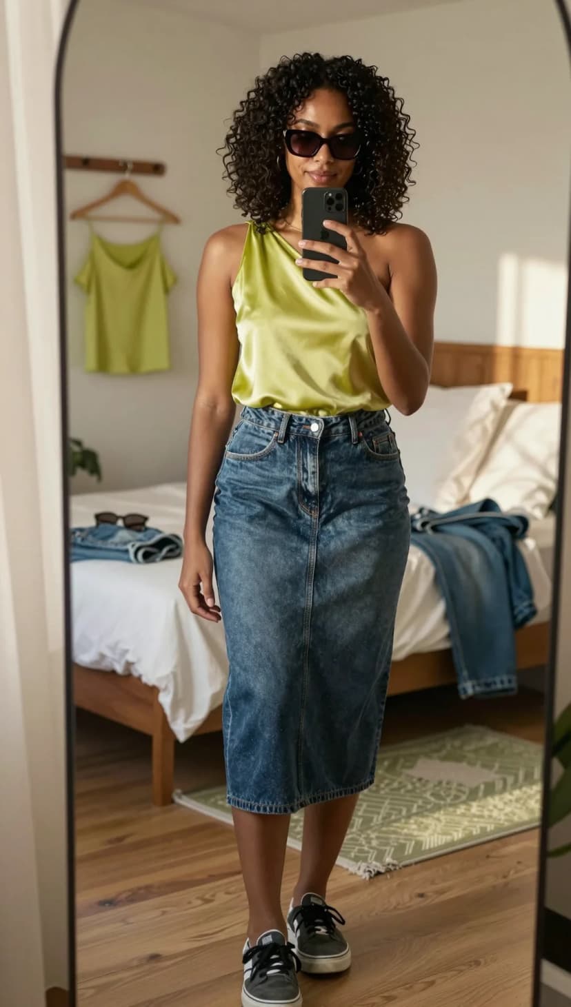 Lime Satin Asymmetrical Tank + Medium Wash Denim Midi Skirt + Black and White Sneakers