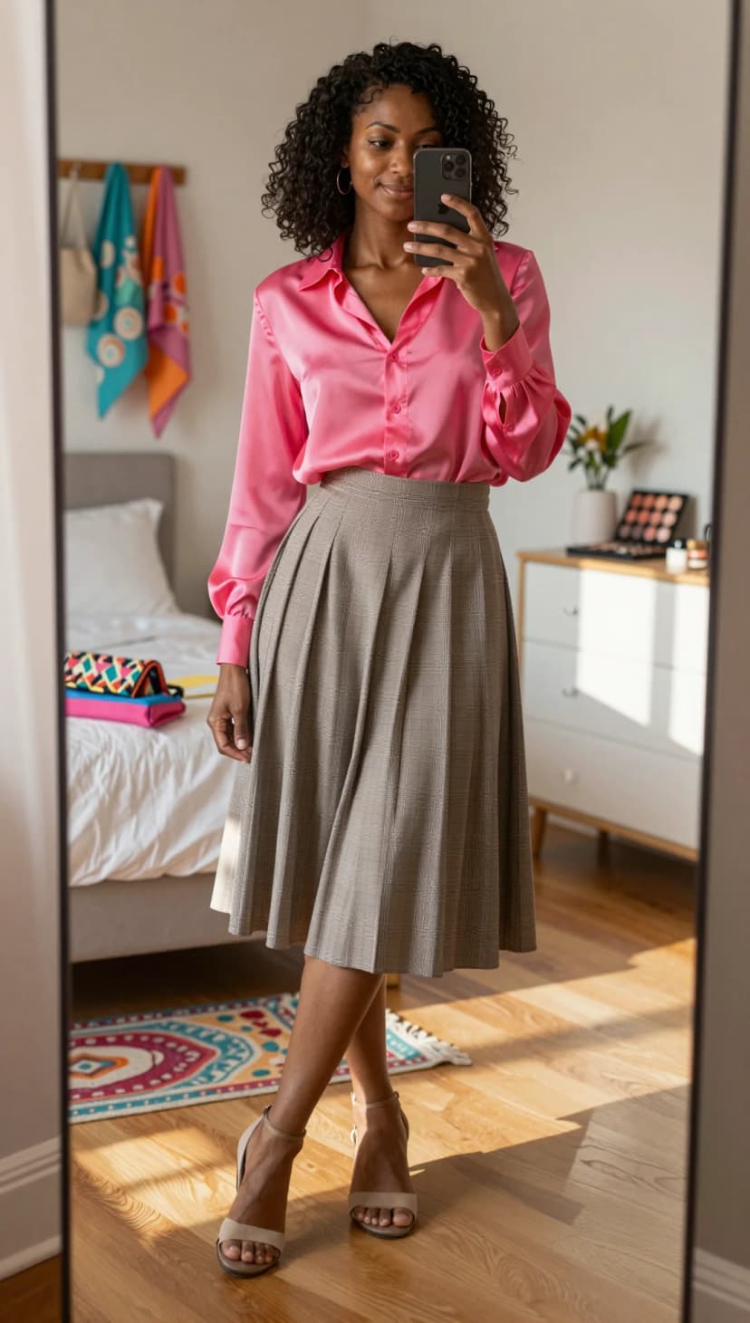 Pink Satin Button-Down Shirt + Grey Plaid Pleated Midi Skirt + Tan Strappy Heels