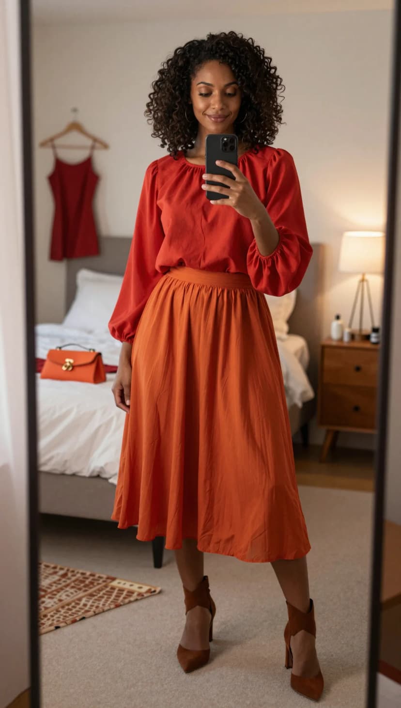 Orange Linen Blend Blouse + Orange Linen Blend Midi Skirt + Brown Suede Ankle Strap Heels