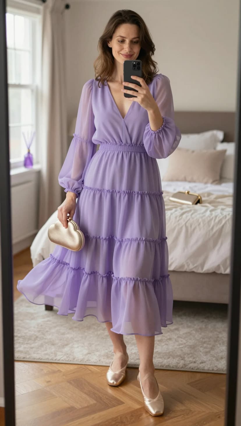 Lavender Chiffon Tiered Maxi Dress + Rose Gold Ballet Flats