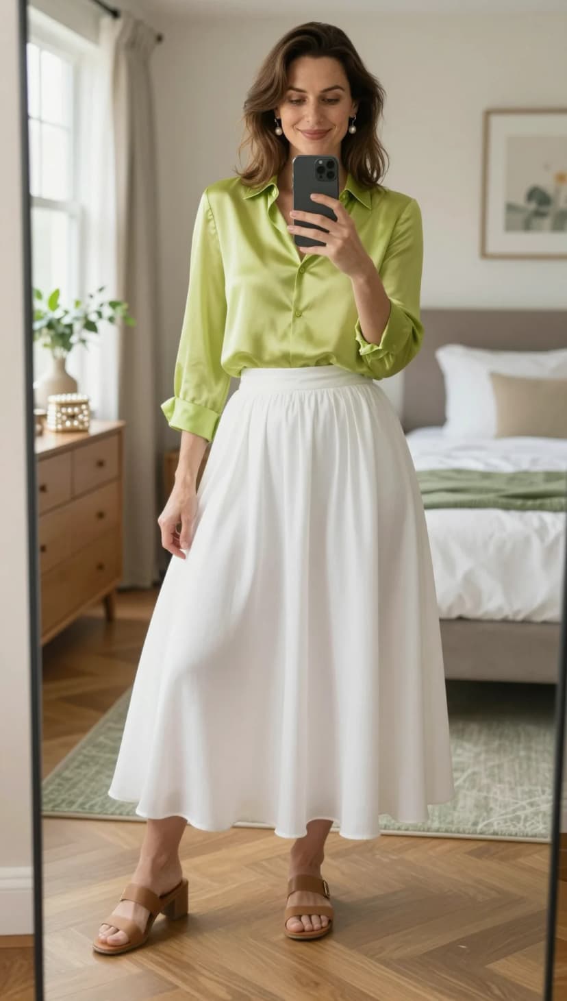Lime Green Silk Button-Up Top + White Linen Midi Skirt + Tan Leather Block Heel Sandals