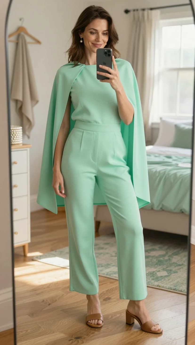 Mint Cape Jumpsuit + Tan Block Heel Mules