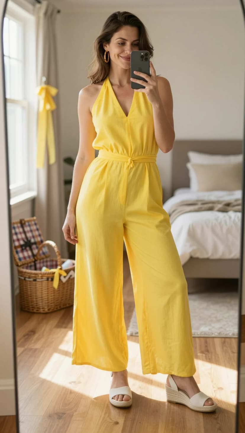 Yellow Linen Halter Jumpsuit + White Espadrille Wedge Sandals
