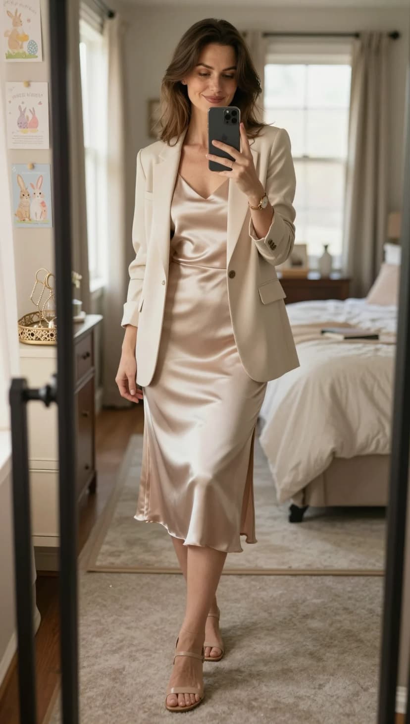 Cream Silk Slip Midi Dress + Cream Oversized Blazer + Nude Strappy Heels