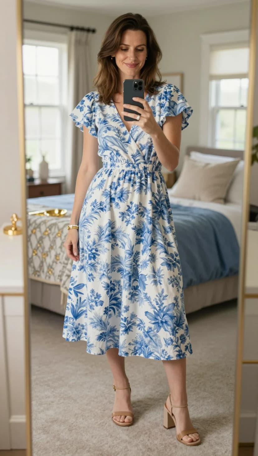 White Blue Floral Print Midi Dress + Tan Block Heel Sandals