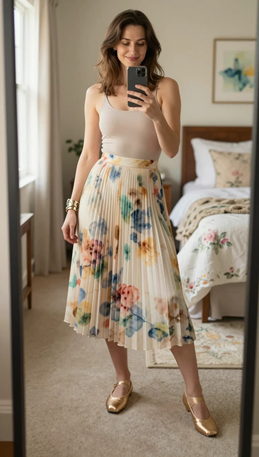 Nude Ribbed Tank Top + Cream Floral Pleated Midi Skirt + Gold Mary Jane Flats
