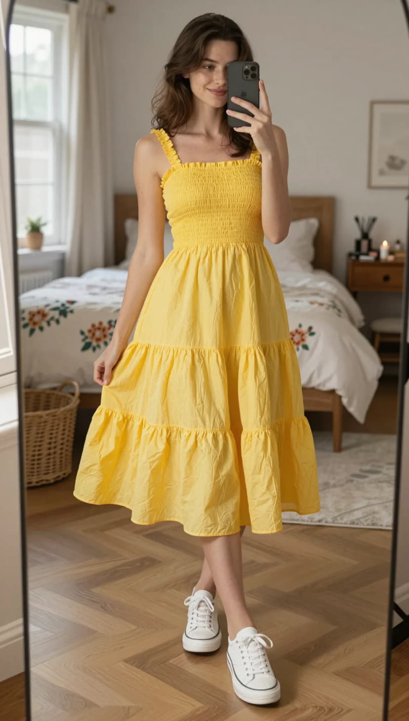 Yellow Smocked Cotton Midi Dress + White Canvas Sneakers