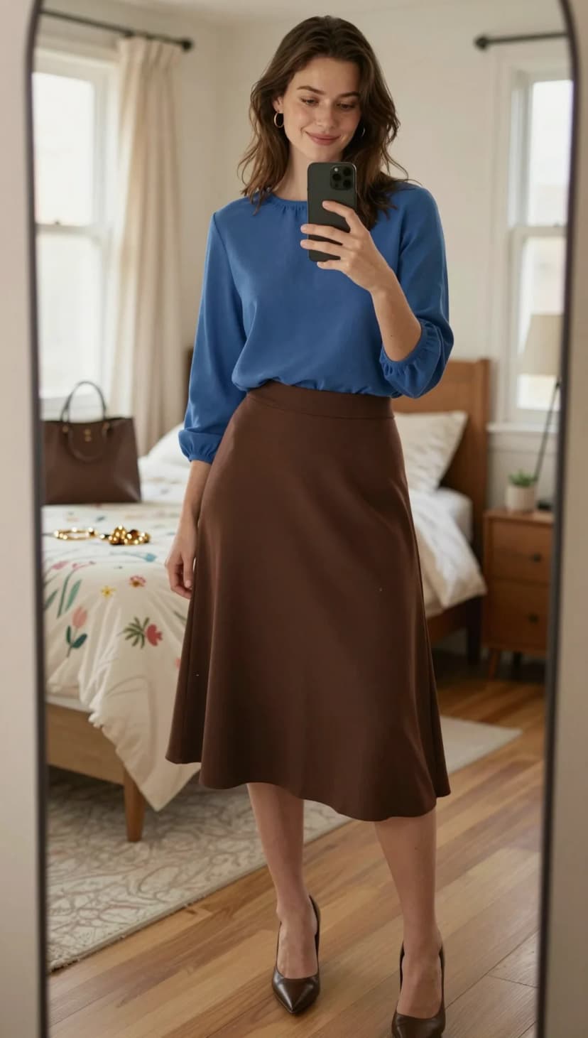 Blue Billowy Sleeve Top + Brown A-Line Midi Skirt + Brown Pointed Toe Heels