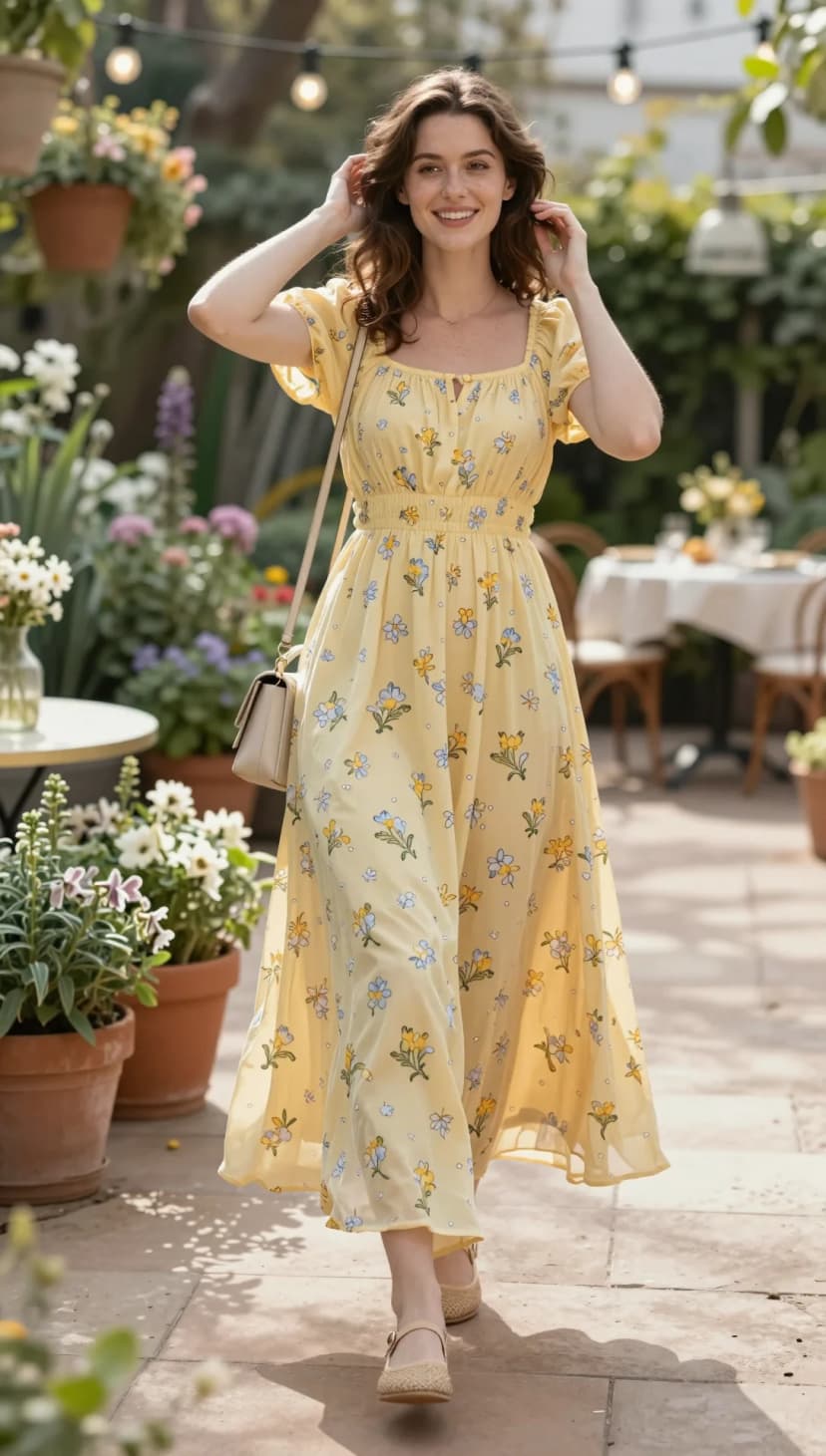 Yellow Floral Chiffon Midi Dress + Beige Woven Flats