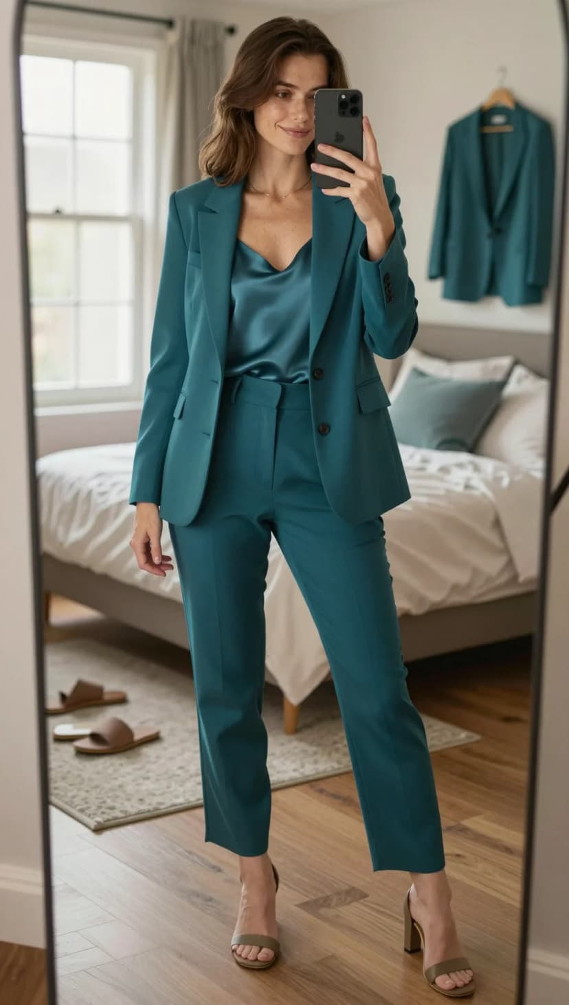 Teal Satin Camisole + Teal Wool Blazer + Teal Wool Trousers + Olive Strappy Heels