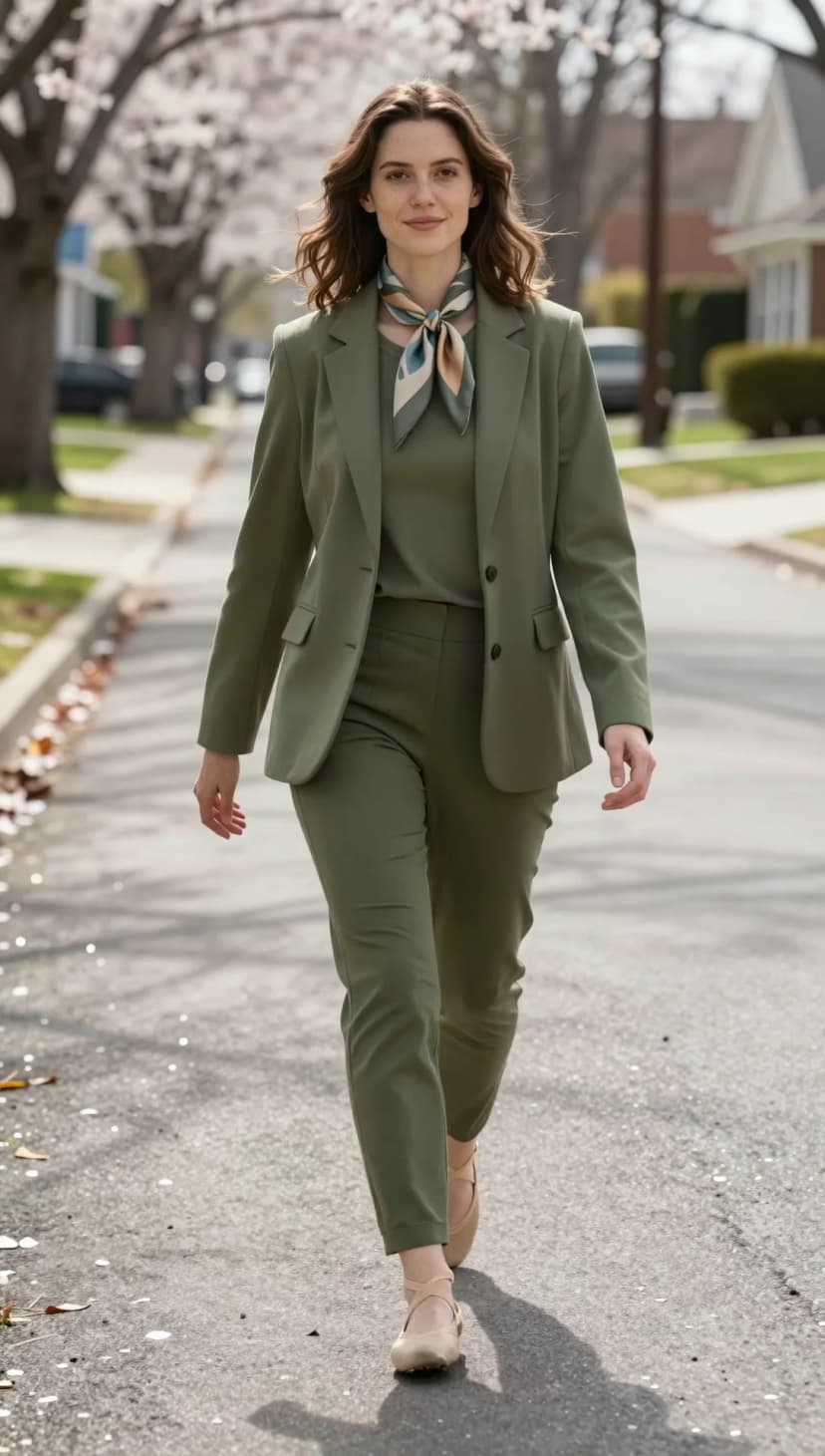 Olive Crepe Blazer + Olive Crepe Trousers + Printed Silk Scarf + Nude Ballet Flats