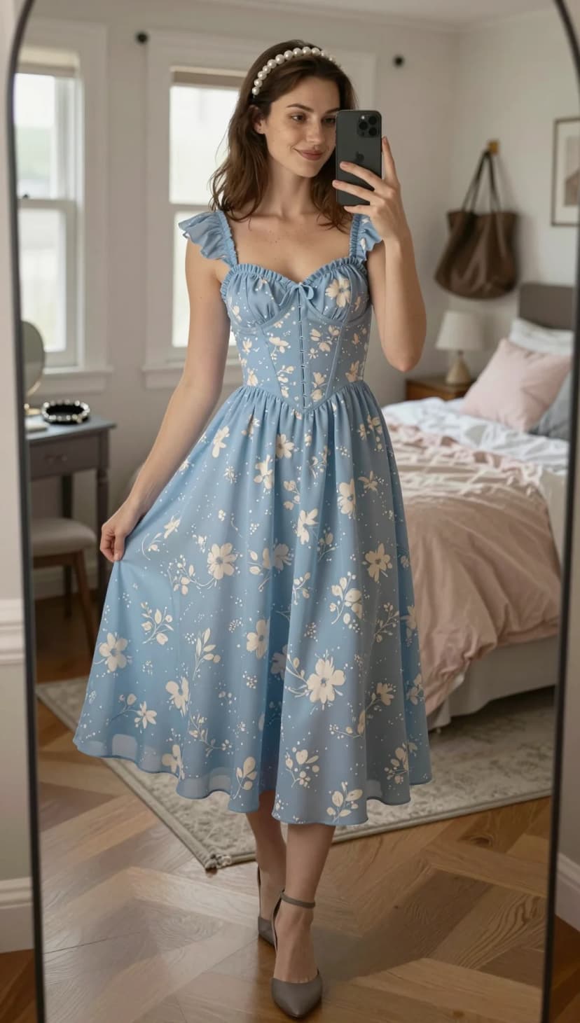 Sky Blue Floral Print Midi Dress + Grey Ankle Strap Heels