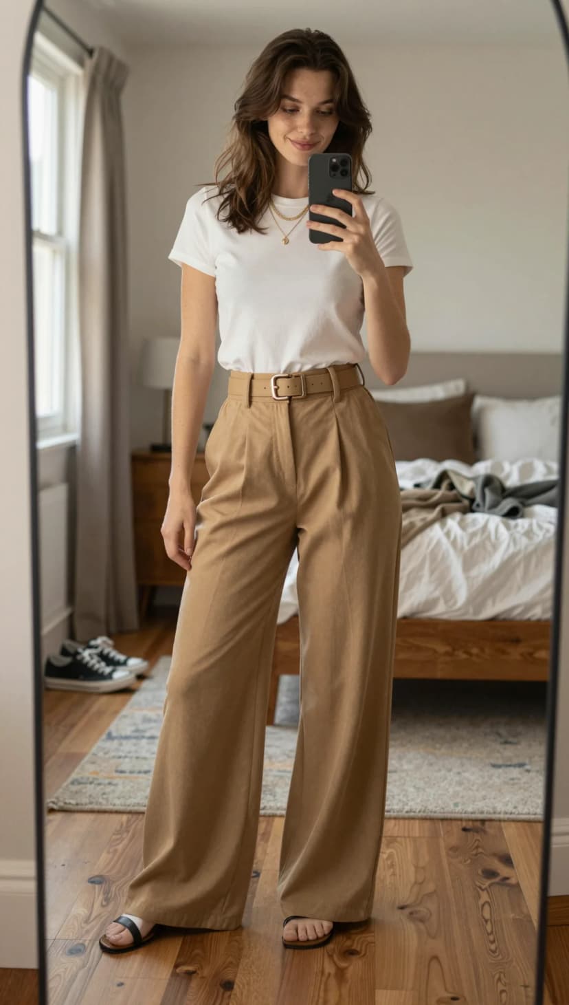 White Cotton T-Shirt + Camel Wide-Leg Trousers + Tan Belt + Black and White Sandals