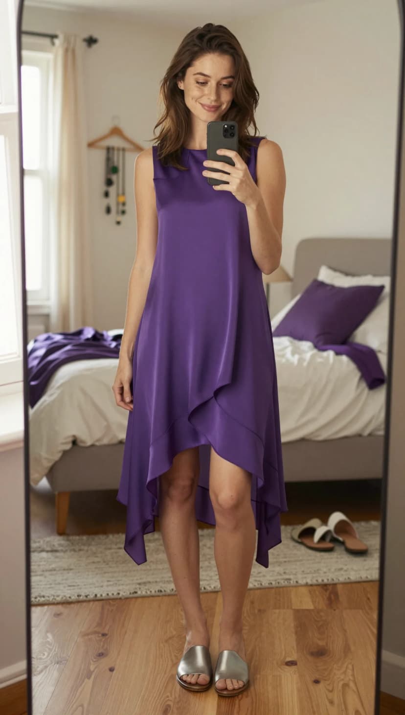 Purple Satin Asymmetrical Midi Dress + Silver Slide Sandals