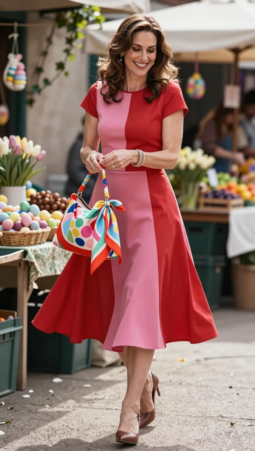 Red Colorblock Knit Dress + White Polka Dot Multi-Color Print Shoulder Bag + Brown Mary Jane Heels