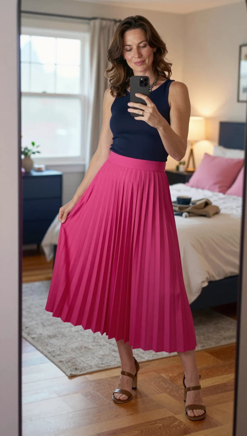 Navy Ribbed Tank + Pink Pleated Midi Skirt + Brown Strappy Heels