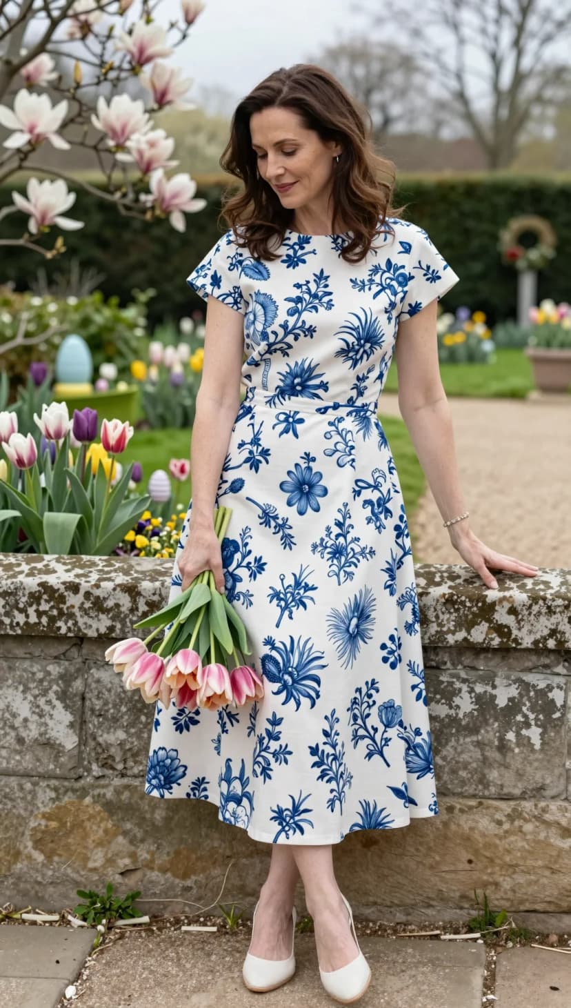White Floral Print Midi Dress + White D'Orsay Pumps