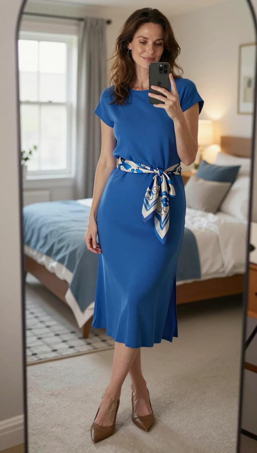 Royal Blue Knit Midi Dress + White and Blue Scarf Belt + Brown Leather Pointed Heels