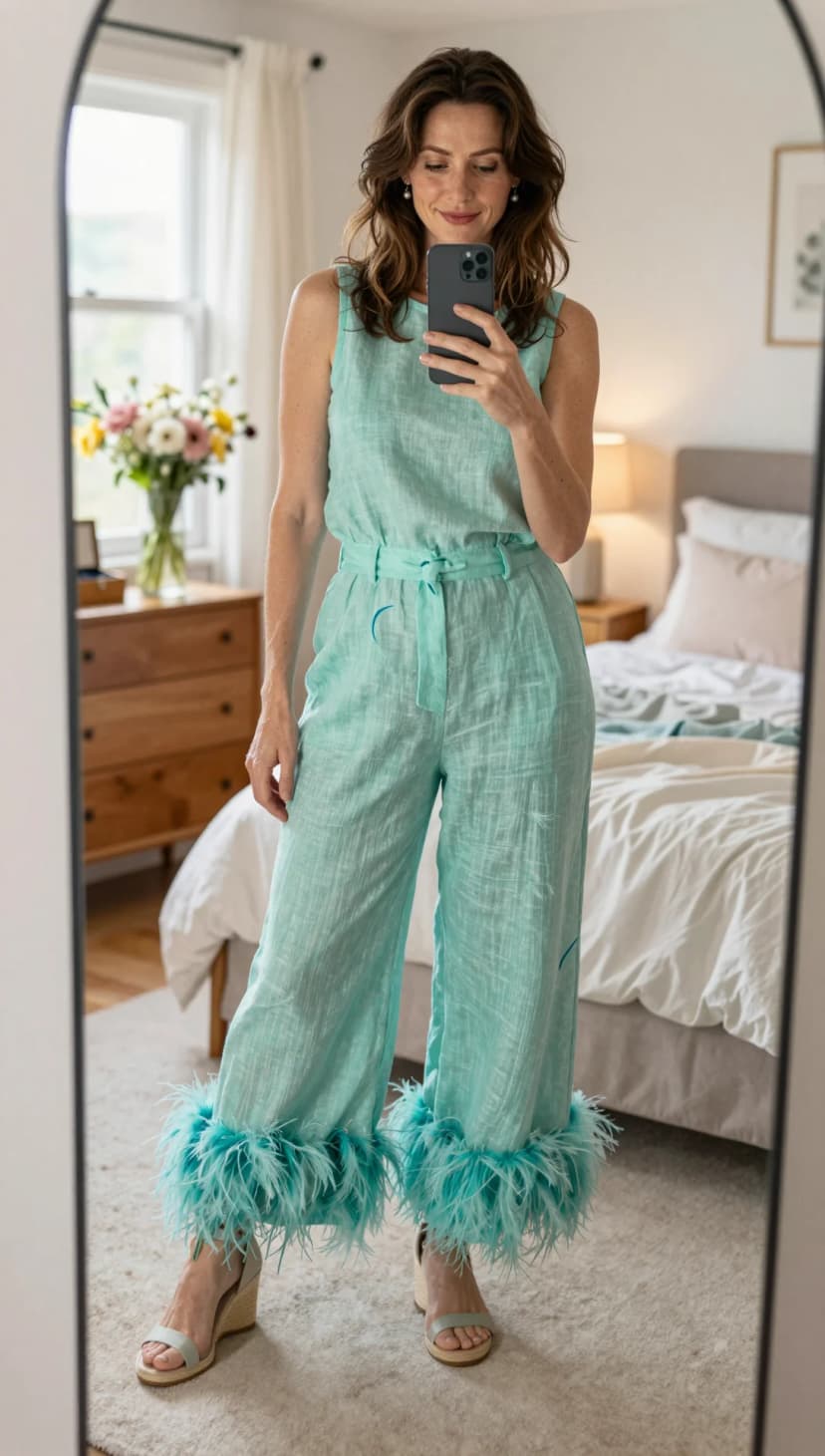 Aqua Linen Sleeveless Jumpsuit + Aqua Feather Trim Wide-Leg Pants + Silver Wedge Sandals