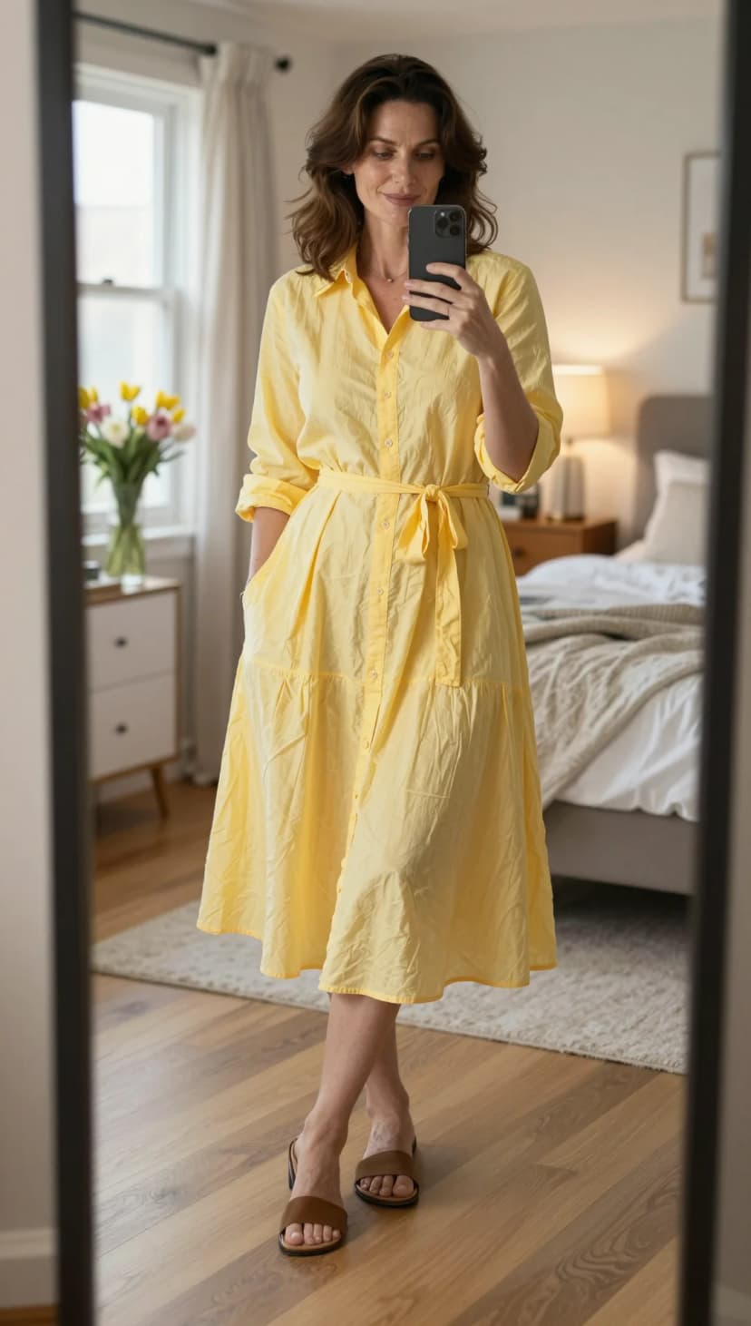 Yellow Cotton Poplin Tiered Midi Dress + Brown Leather Slide Sandals