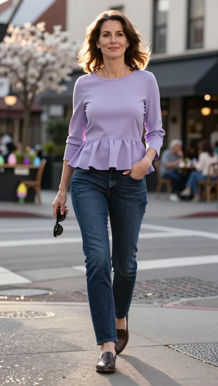 Lavender Peplum Top + Dark Wash Straight Leg Jeans + Brown Leather Loafers