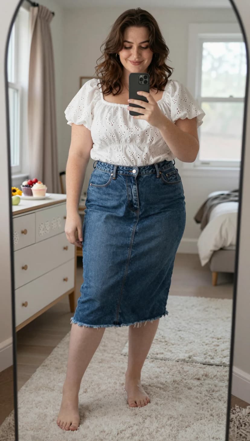 White Broderie Anglaise Puff Sleeve Top + Mid Wash Denim Midi Skirt