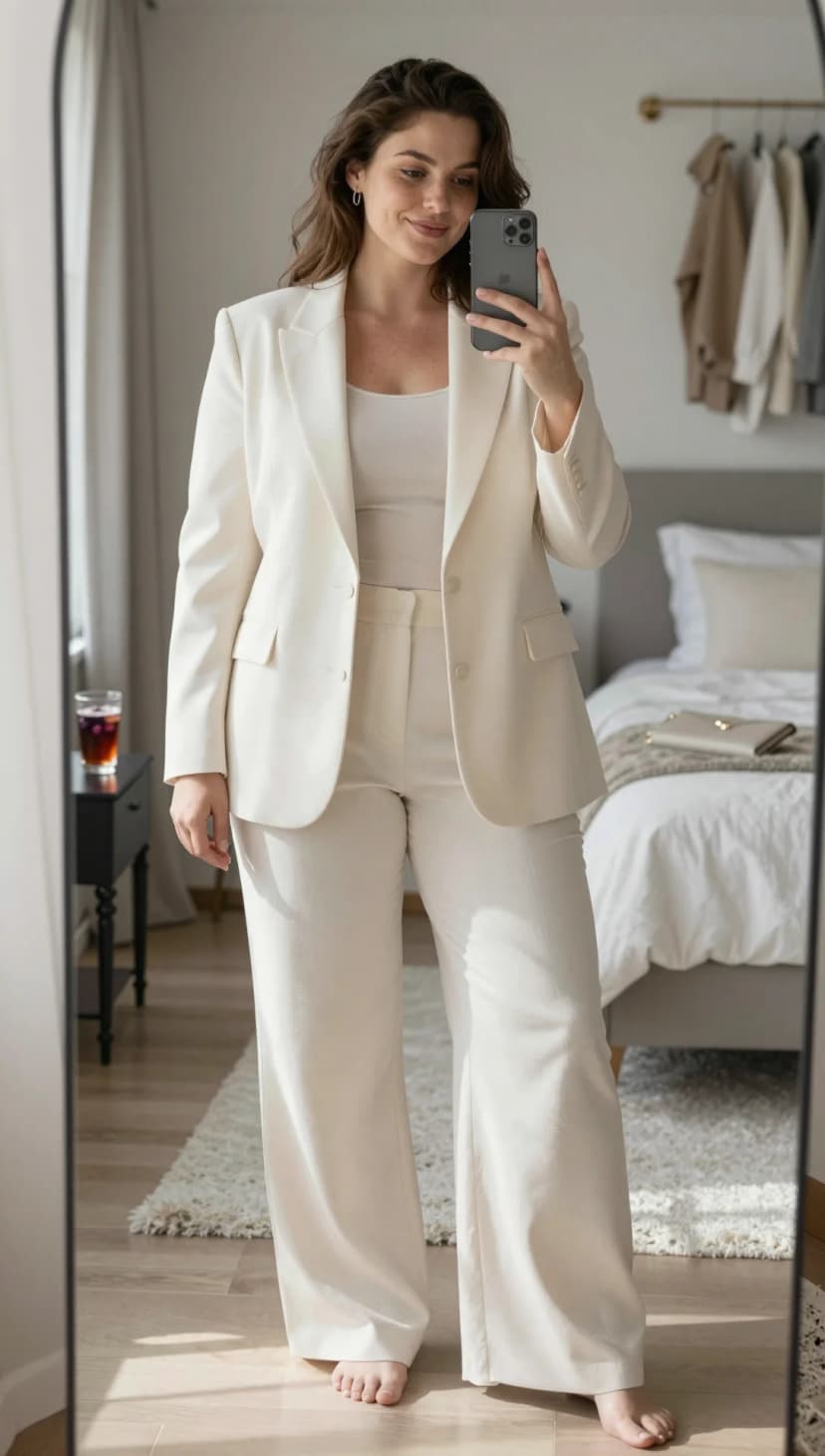 Cream Linen Blazer + Cream Linen Wide-Leg Trousers + Cream Ribbed Tank Top