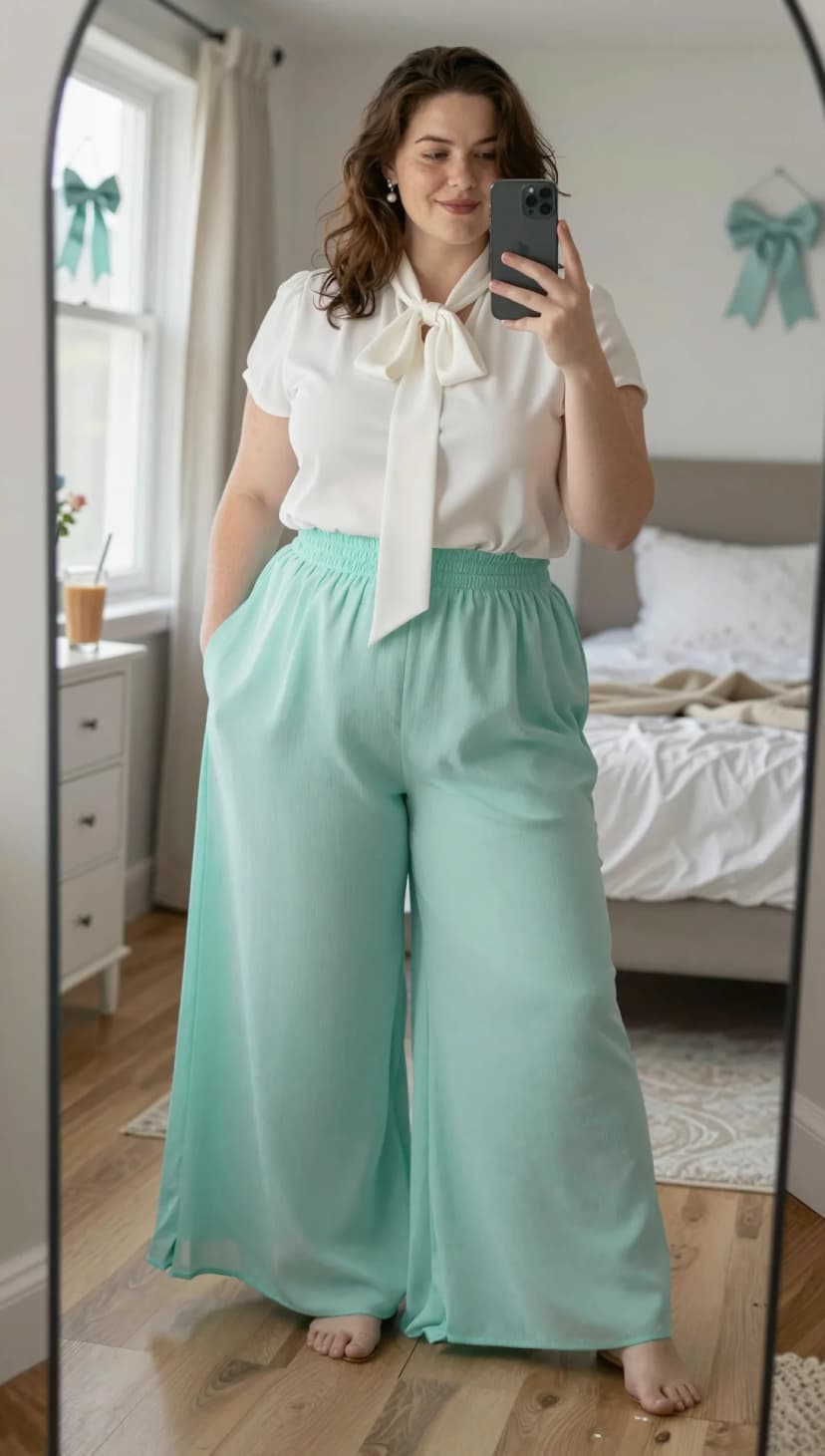 White Bow Neck Blouse + Mint Green Wide-Leg Trousers
