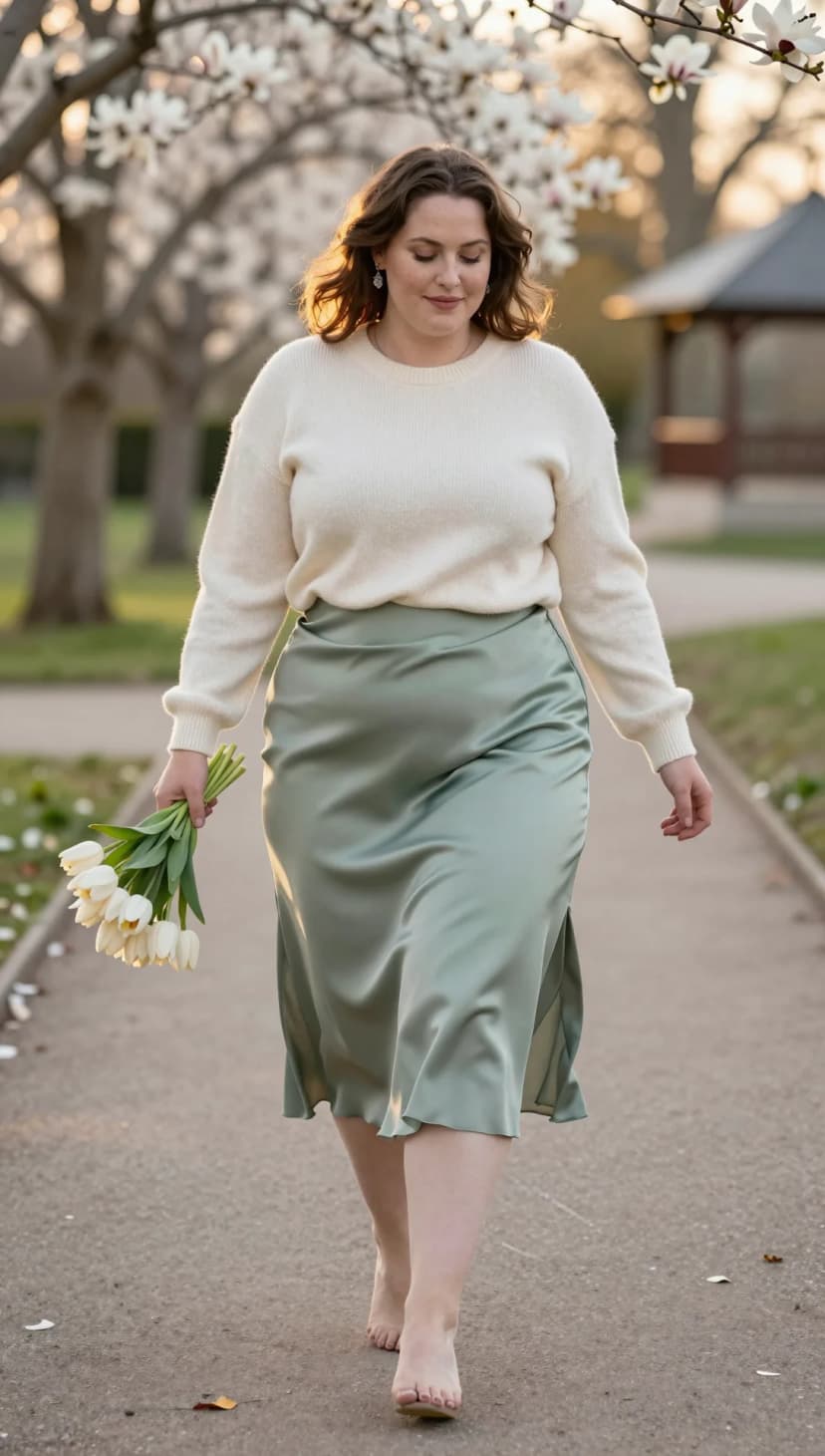 Cream Knit Sweater + Sage Satin Midi Skirt + White Strappy Heels