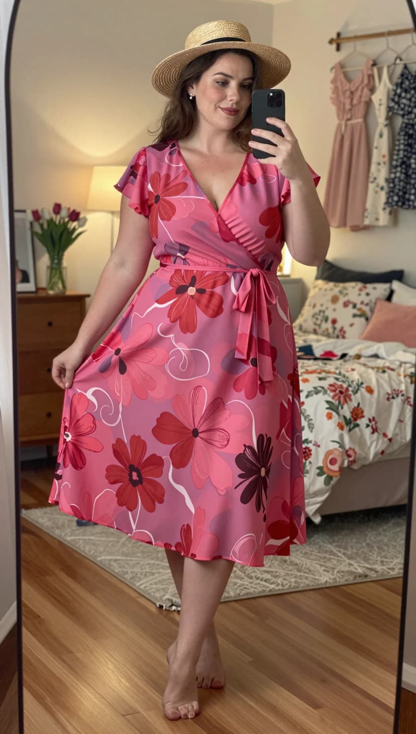 Pink Floral Print Chiffon Wrap Midi Dress + Straw Boater Hat