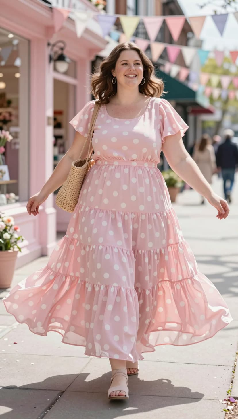 Pink Polka Dot Chiffon Tiered Maxi Dress + Woven Straw Tote Bag + Nude Block Heel Sandals