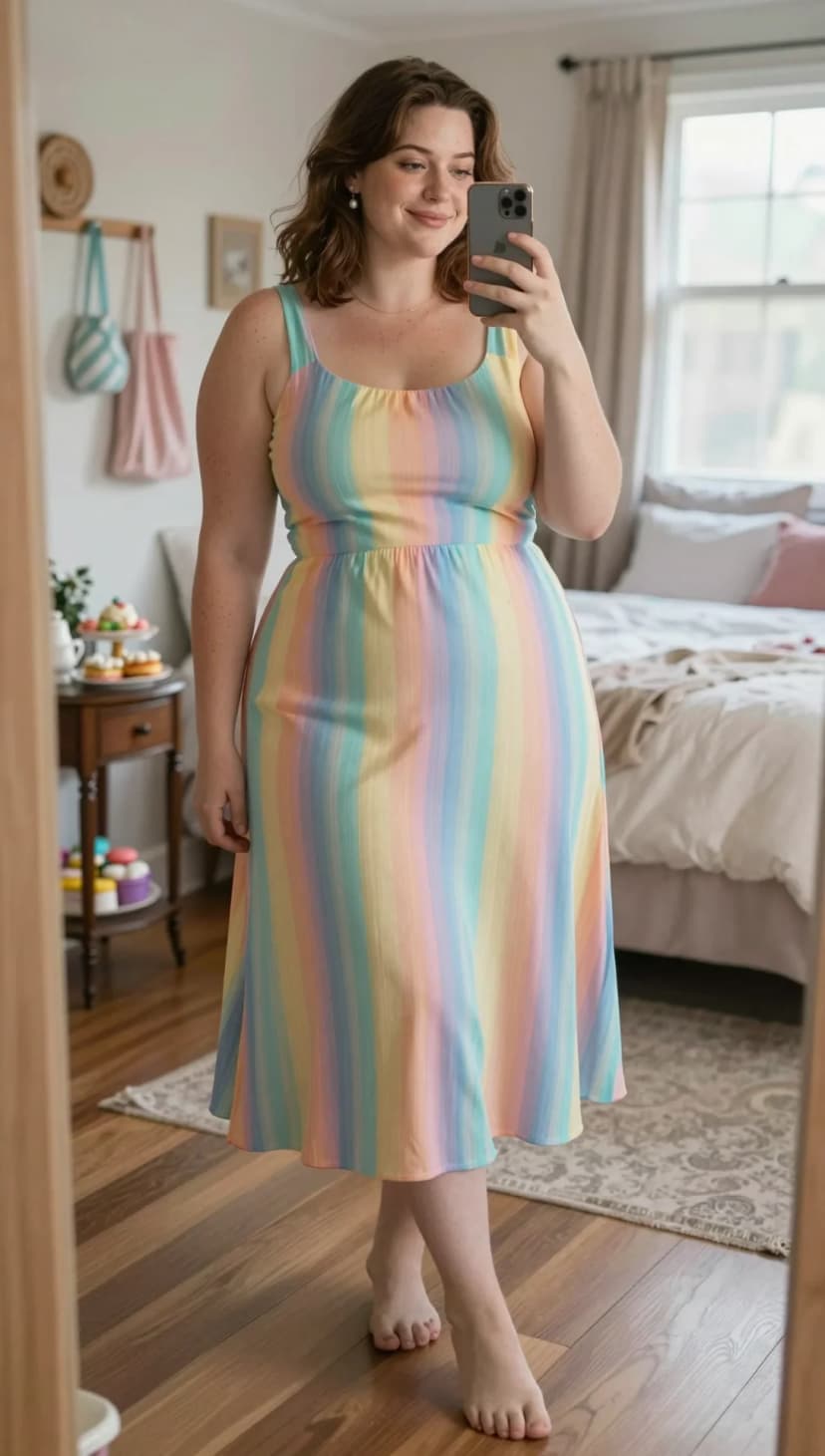 Pastel Rainbow Stripe Knit Midi Dress