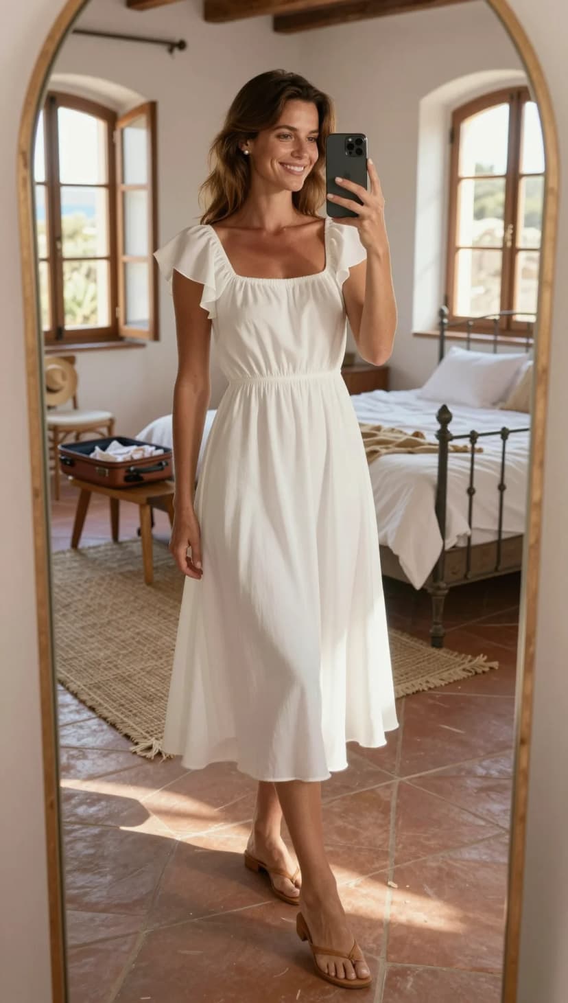 White Cotton Midi Dress + Tan Leather Thong Sandals