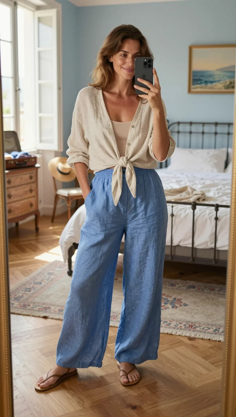 Natural Linen Button-Up Shirt + Beige Camisole + Sky Blue Linen Wide-Leg Pants + Brown Leather Flip-Flops